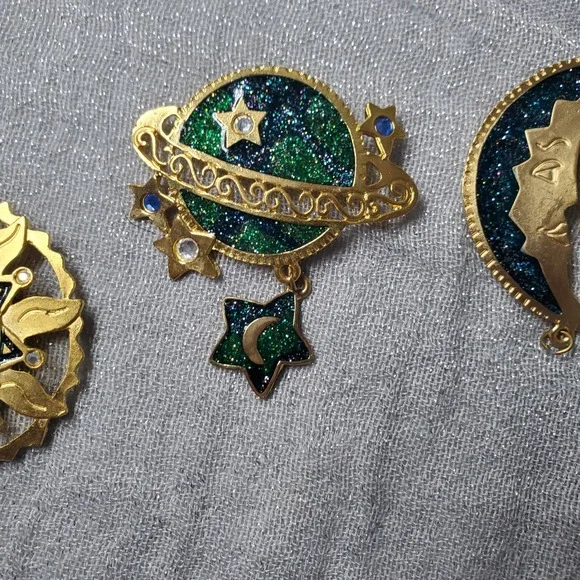 Vtg Newpro Celestial Brooch Full Set Gold Tone Sun Moon Planet Glitter Enamel - Picture 4 of 9